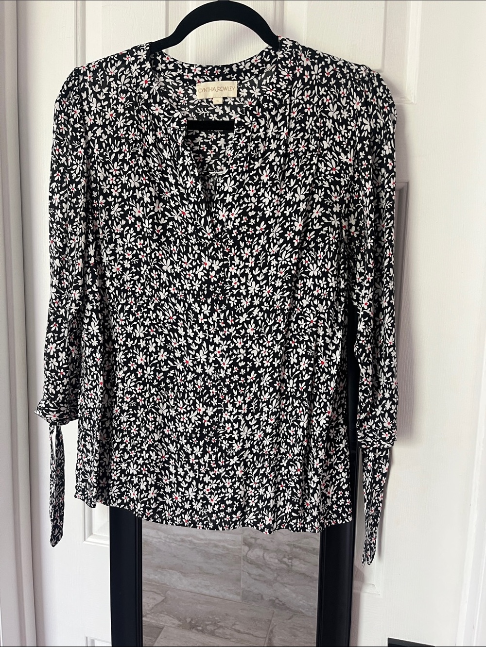 Cynthia Rowley Black Floral Tie-Sleeve Blouse with Red Accents